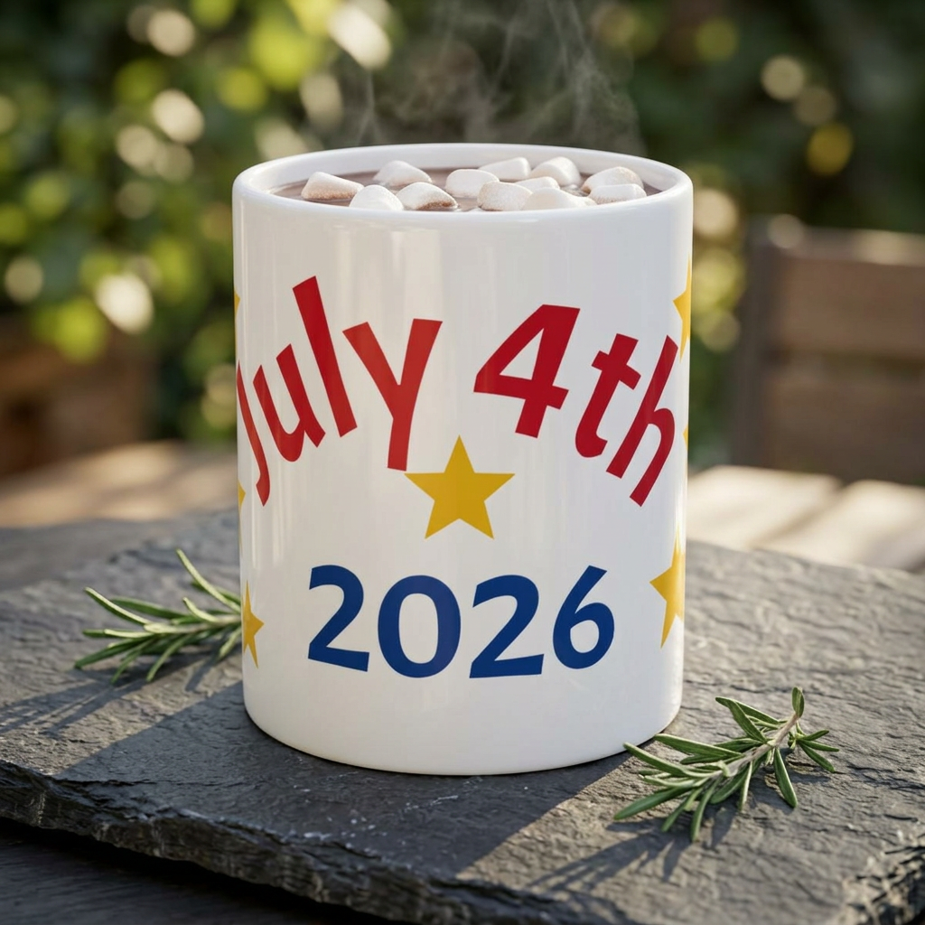 July 4th 2026 Ceramic Mug — Patriotic Red, White & Blue Stars Coffee Cup
