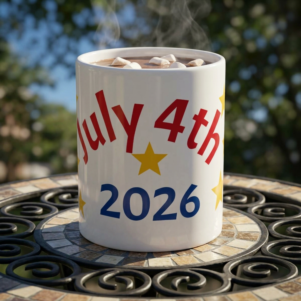 July 4th 2026 Ceramic Mug — Patriotic Red, White & Blue Stars Coffee Cup
