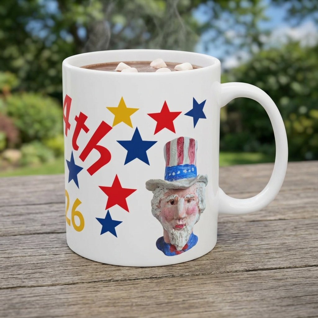 July 4th 2026 Ceramic Mug — Patriotic Red, White & Blue Stars Coffee Cup