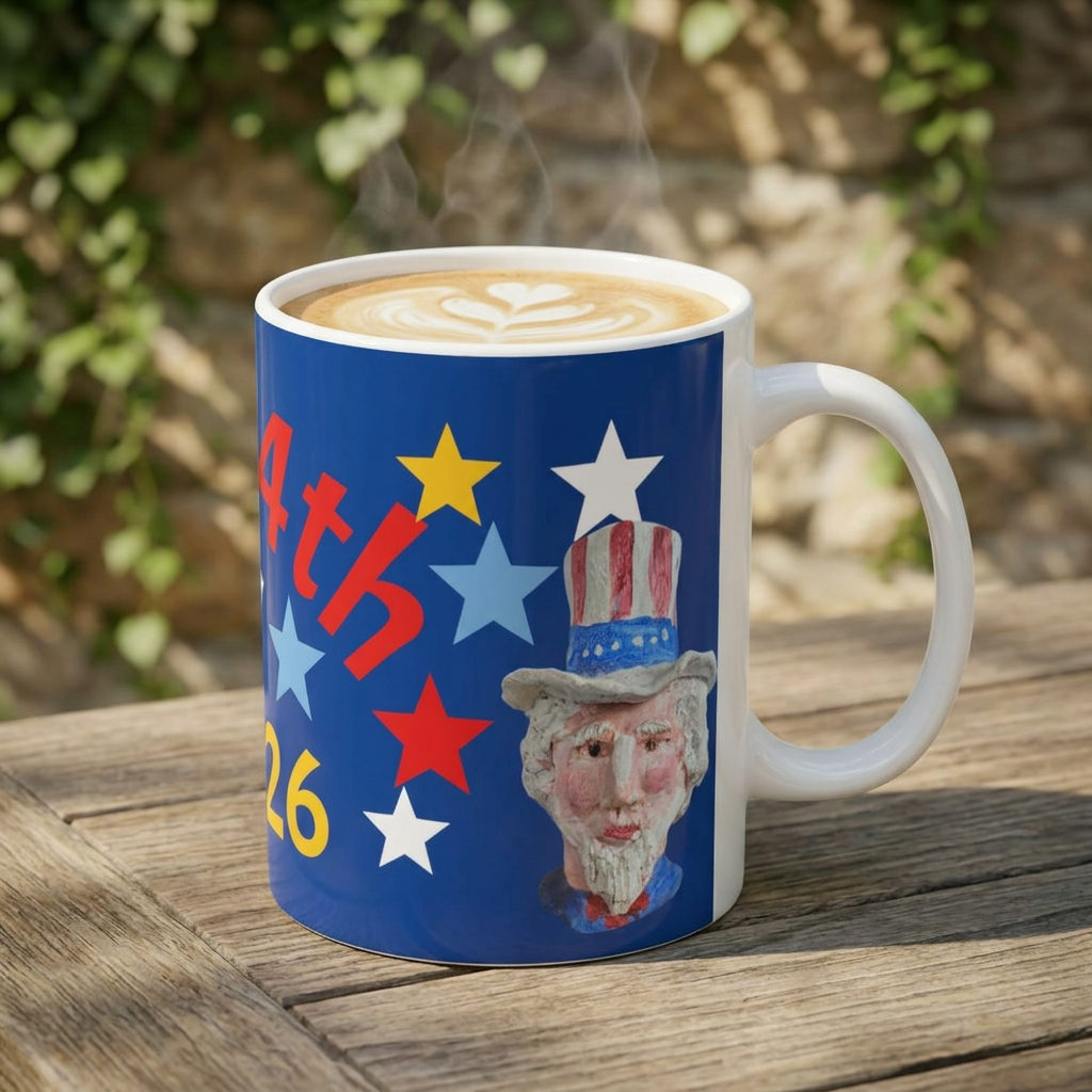 July 4th 2026 Ceramic Mug — Patriotic Red, White & Blue Stars Coffee Cup