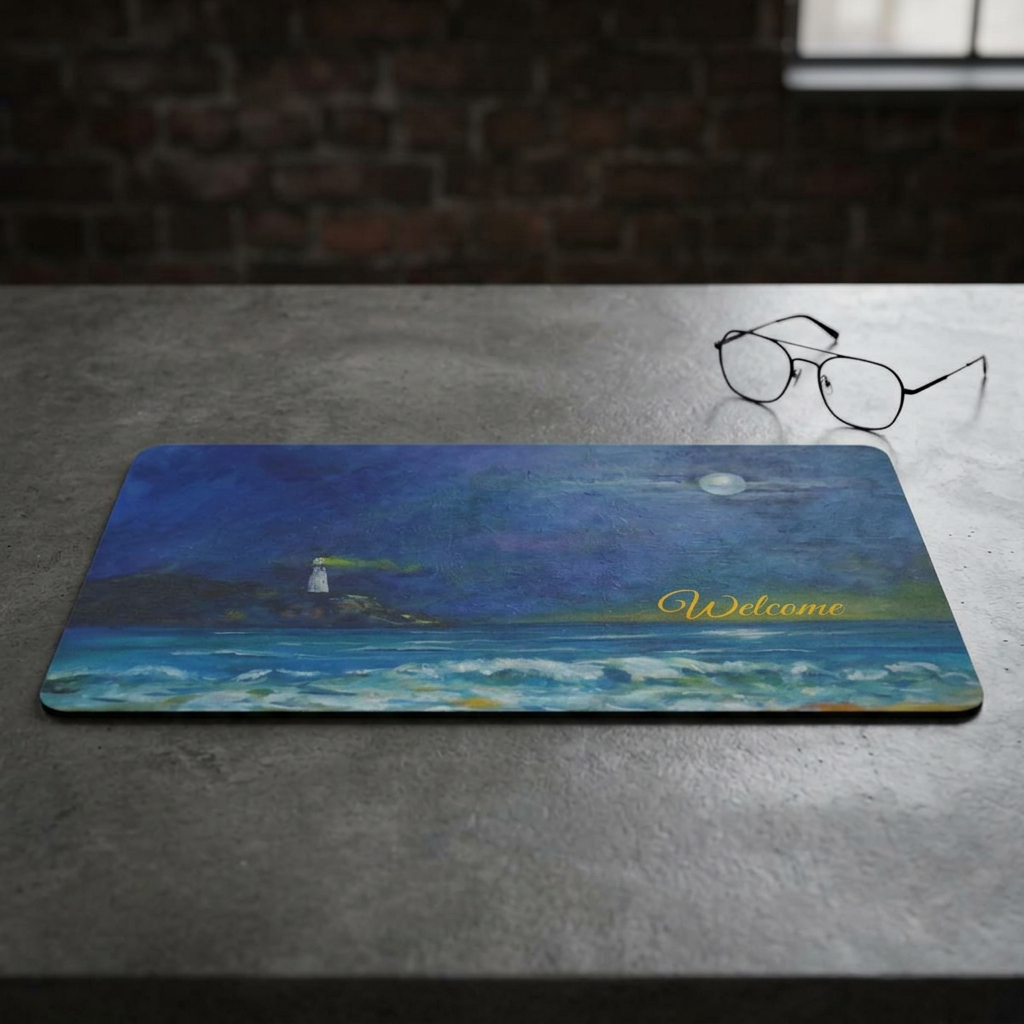 Polyester Lighthouse Moonlit Doormat — Nautical Coastal Entry Rug
