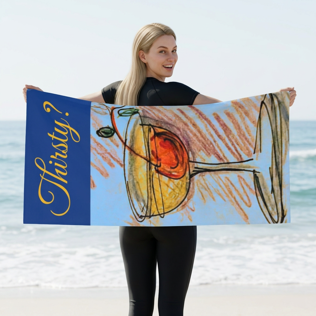 Cocktail Cherry Illustration Beach Towel | Thirsty? Script
