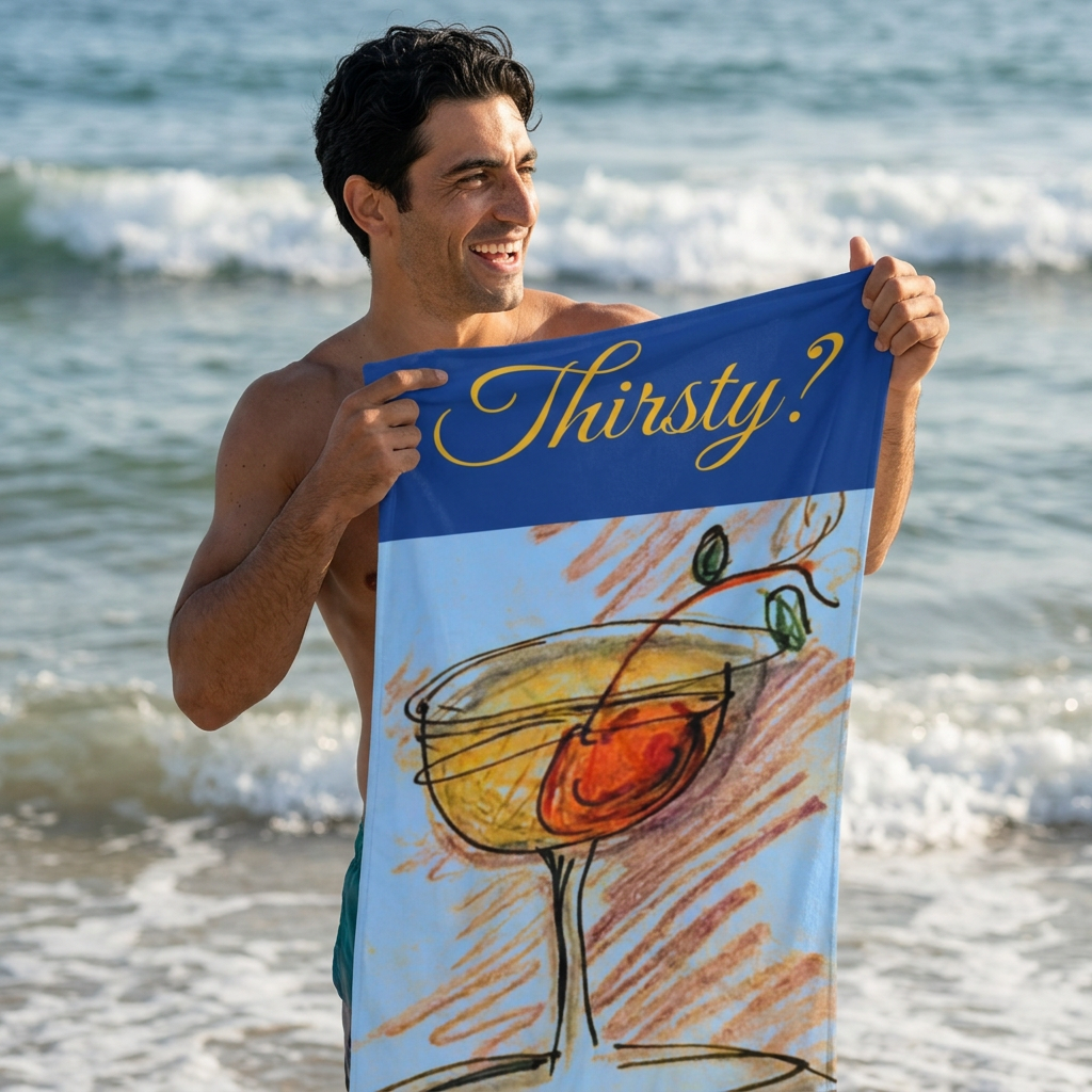 Cocktail Cherry Illustration Beach Towel | Thirsty? Script