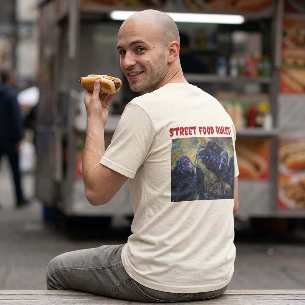 Street Food Rules l  vultures back design T-Shirt | Minimal Chest Script