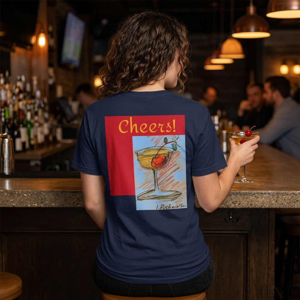 Cheers cocktail Unisex T Shirt, back design, "Cheers' script front