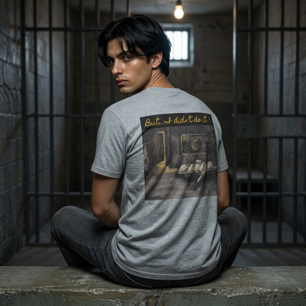 Lethal Injection Table 'I Didn't Do It!' T-Shirt | Minimal Script Logo