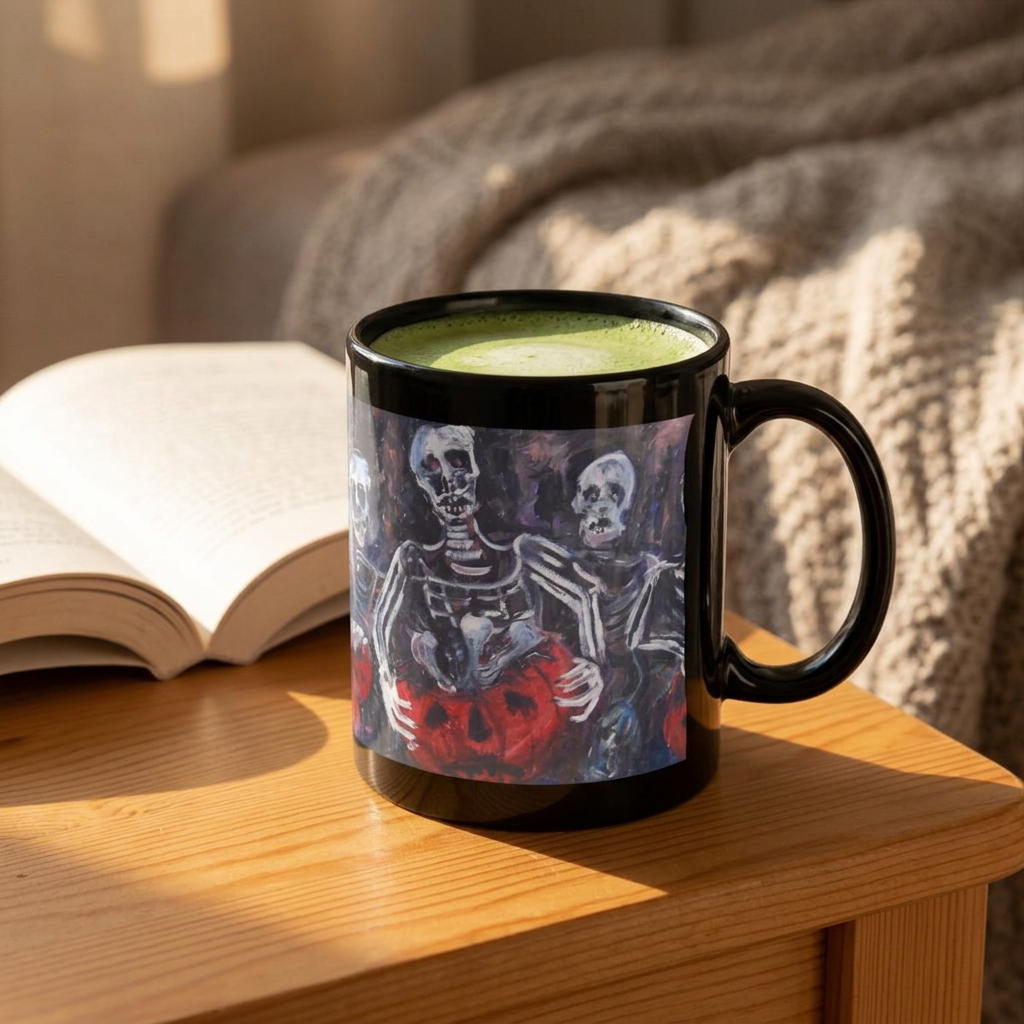 Skeleton Trio with Jack-o'-Lantern Mug | Halloween Skull Coffee Cup