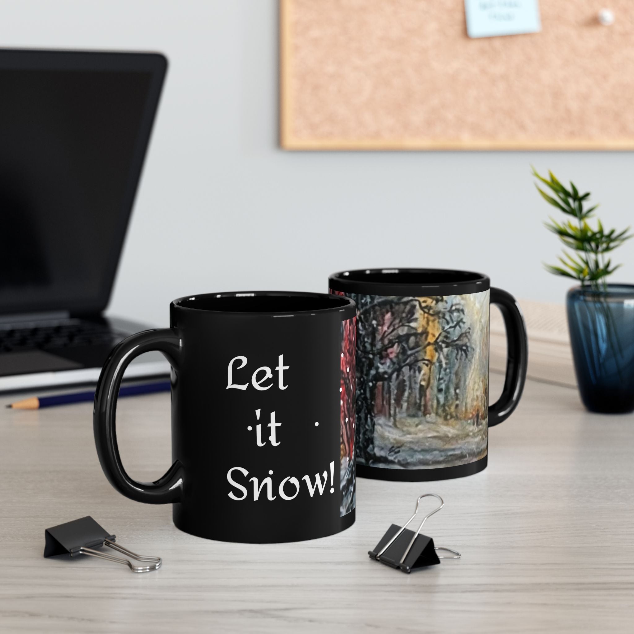Winter Forest Painting Mug | Snowy Tree Landscape on Black Ceramic