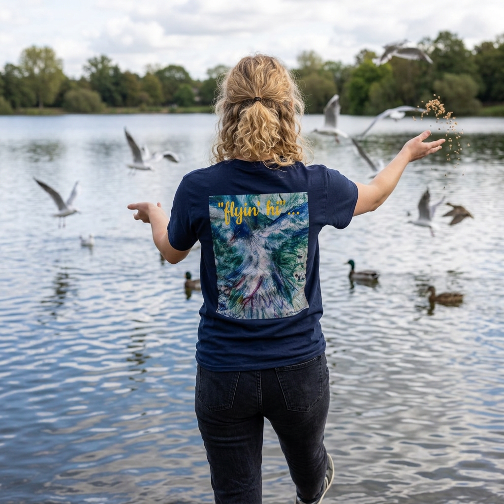Bird in Flight 'flyin' hi!' Script Logo Chest Print T-Shirt | Minimalist Back Design