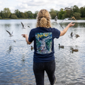 Bird in Flight 'flyin' hi!' Script Logo Chest Print T-Shirt | Minimalist Back Design