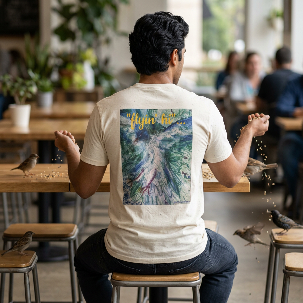 Bird in Flight 'flyin' hi!' Script Logo Chest Print T-Shirt | Minimalist Back Design
