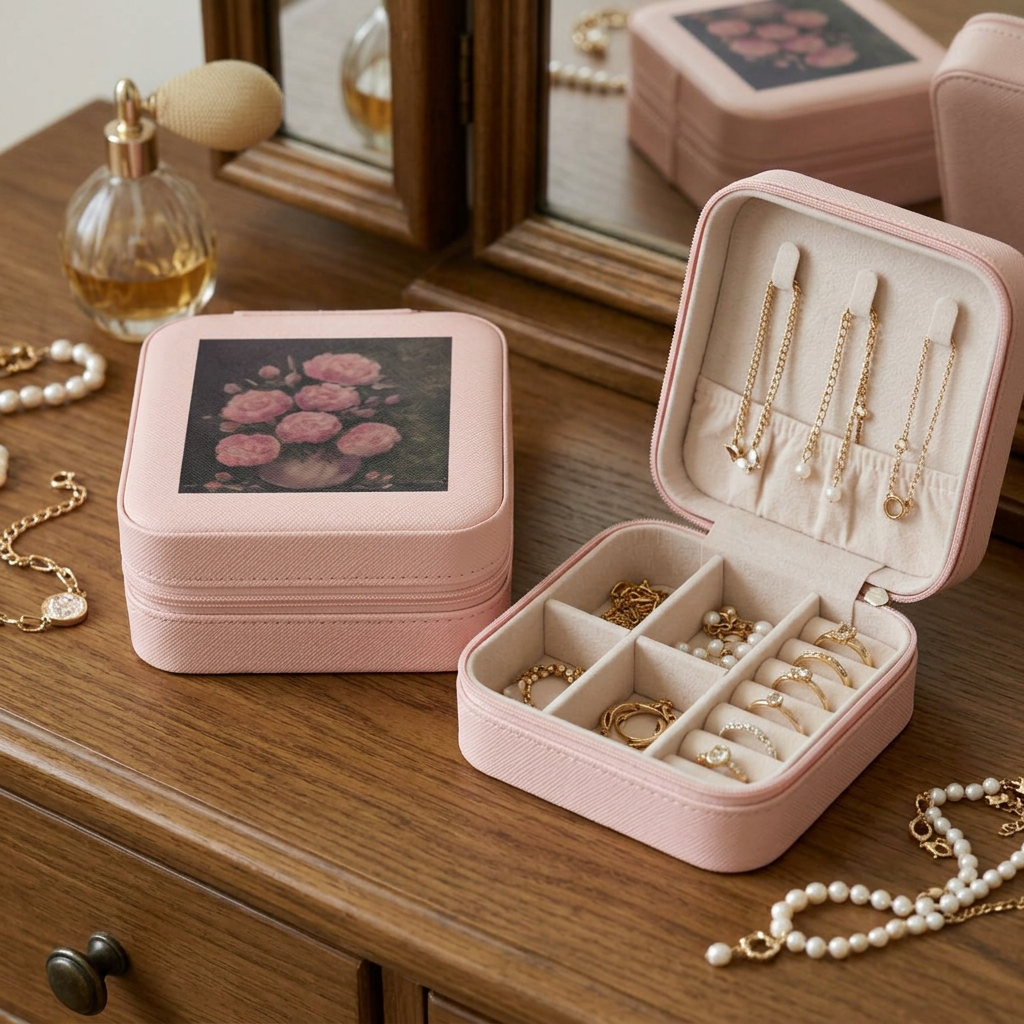 Pink Peonies Compact Jewelry Travel Case  Portable Ring & Earring Organizer
