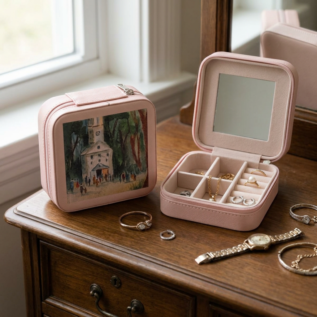 Church Painting Jewelry Travel Case | Compact Square Portable Jewelry Box