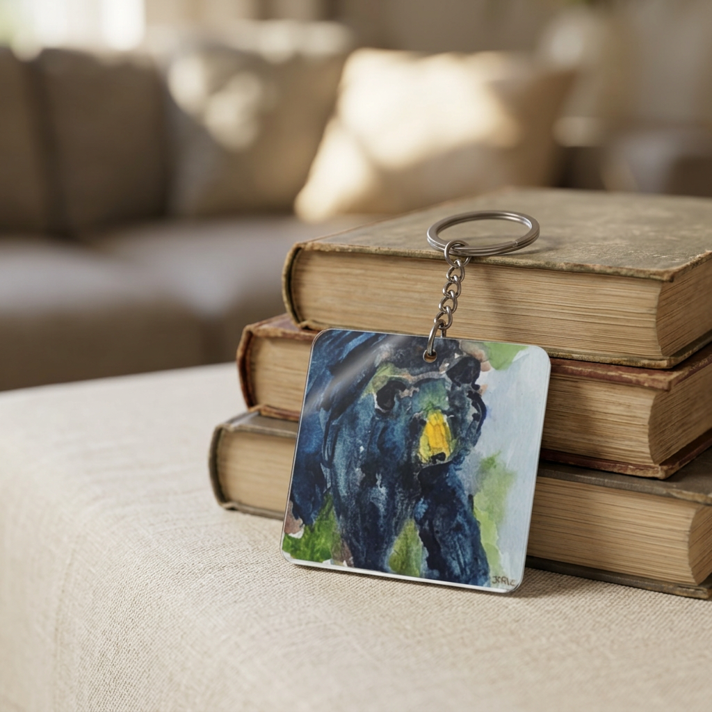 Square Keychain -  Black Bear watercolor oArt Keyring