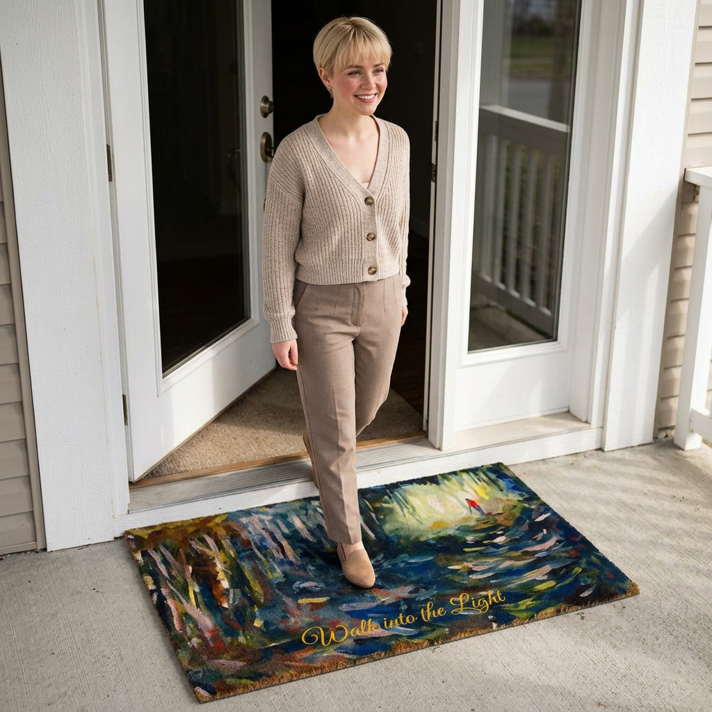 "Walk Into the Light" Polyester Doormat – Impressionist Forest Polyester Welcome Mat