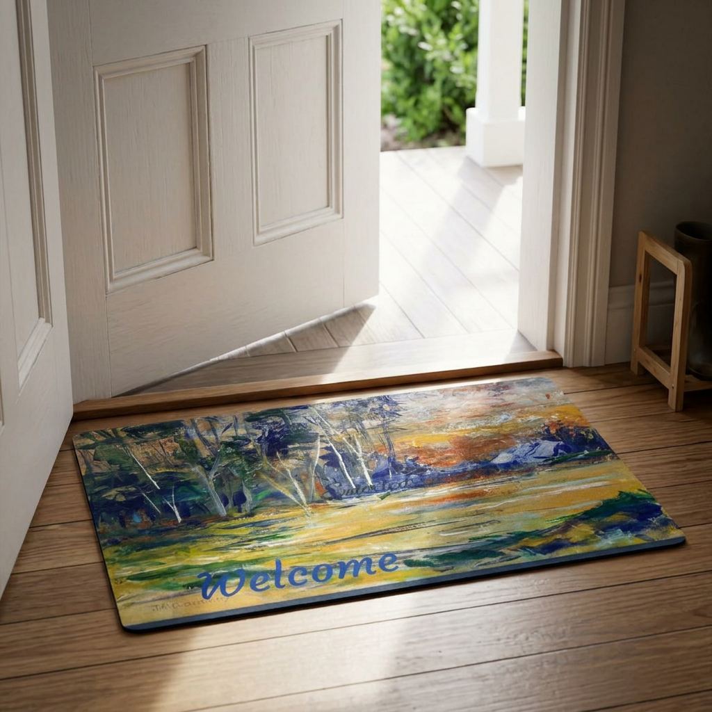 Polyester Landscape Art Doormat - Impressionist Forest & Meadow Welcome Mat