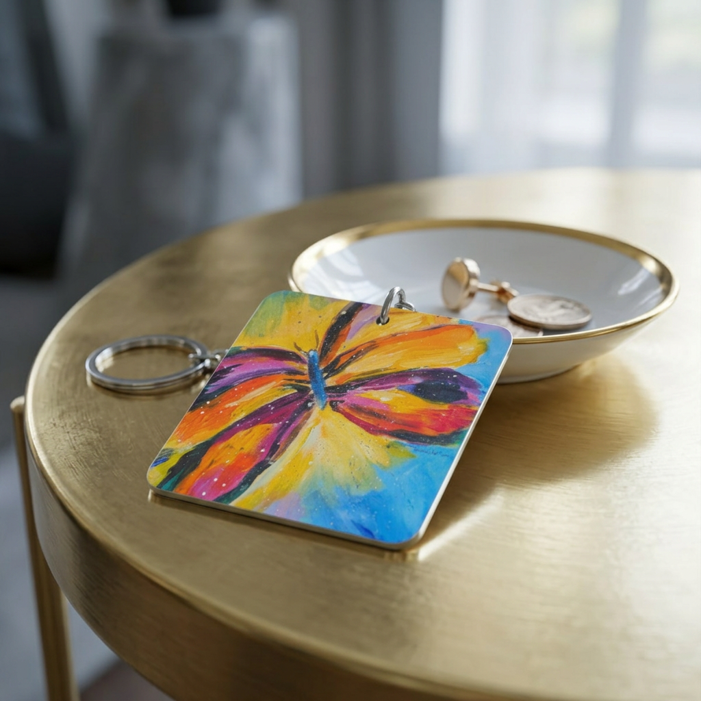 Colorful Butterfly Square Keychain   Hand-Painted Floral Keyring