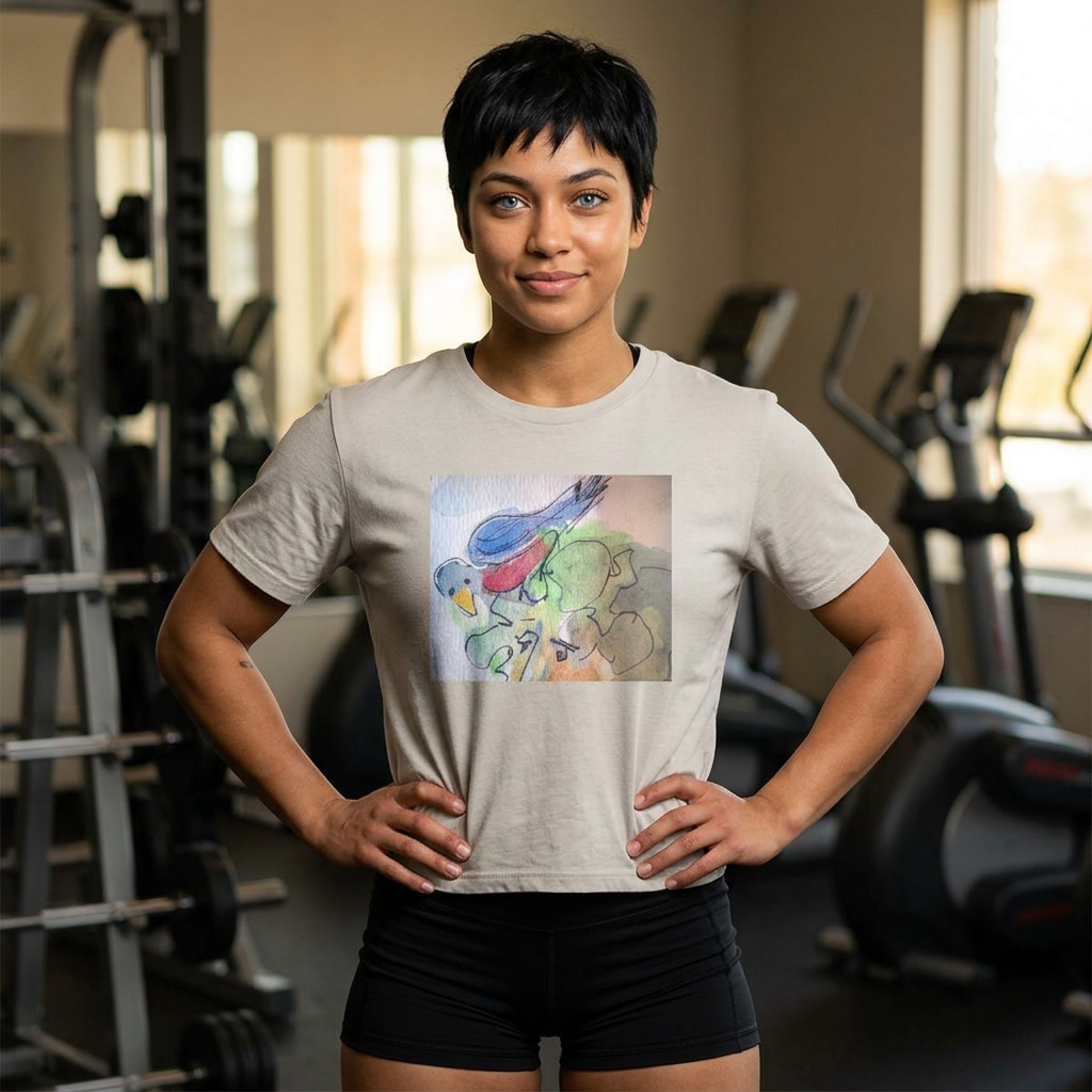 Women's Jersey Crop Tee Bird on head, Frt. Back, sleeves