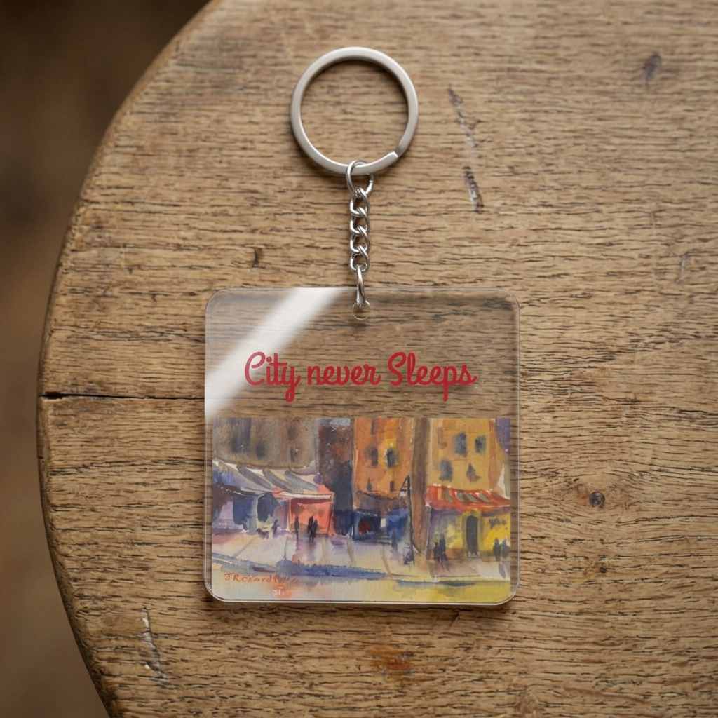 City at night, transparent keychain – night city scene Art Keyring