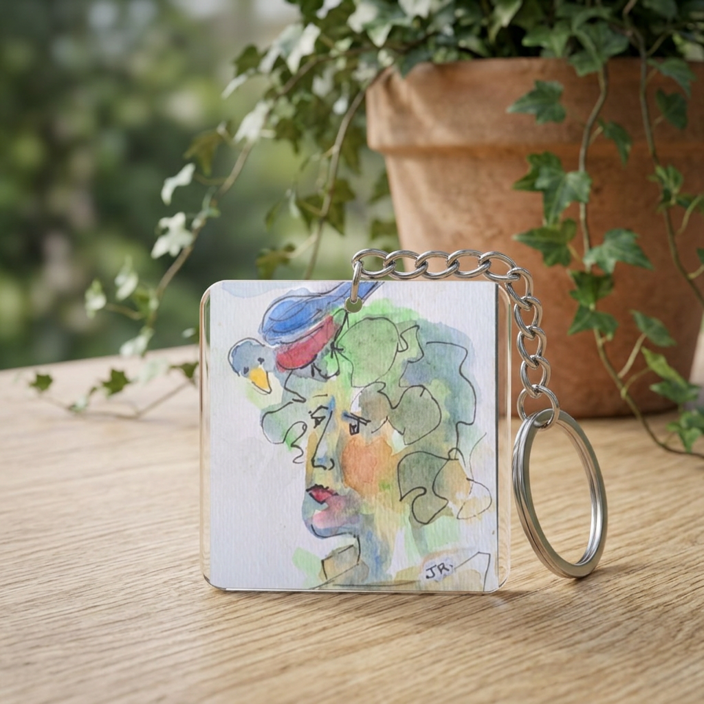 Square Keychain -  Bird on head watercolor Art Keyring