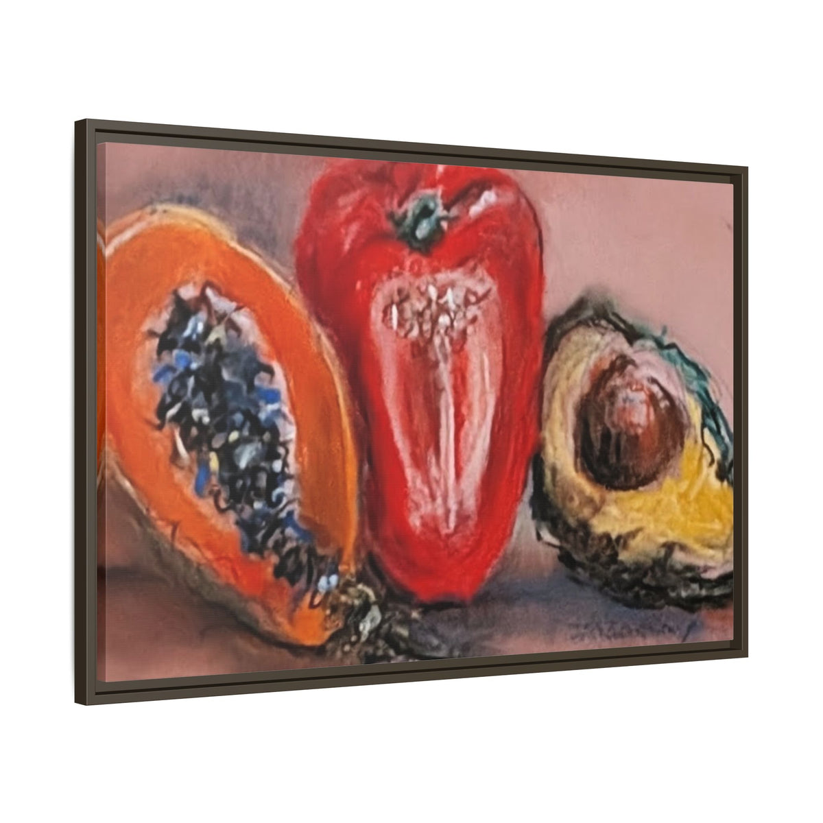 Framed Matte Canvas Art — Vibrant Still Life: Papaya, Red Pepper & Avocado