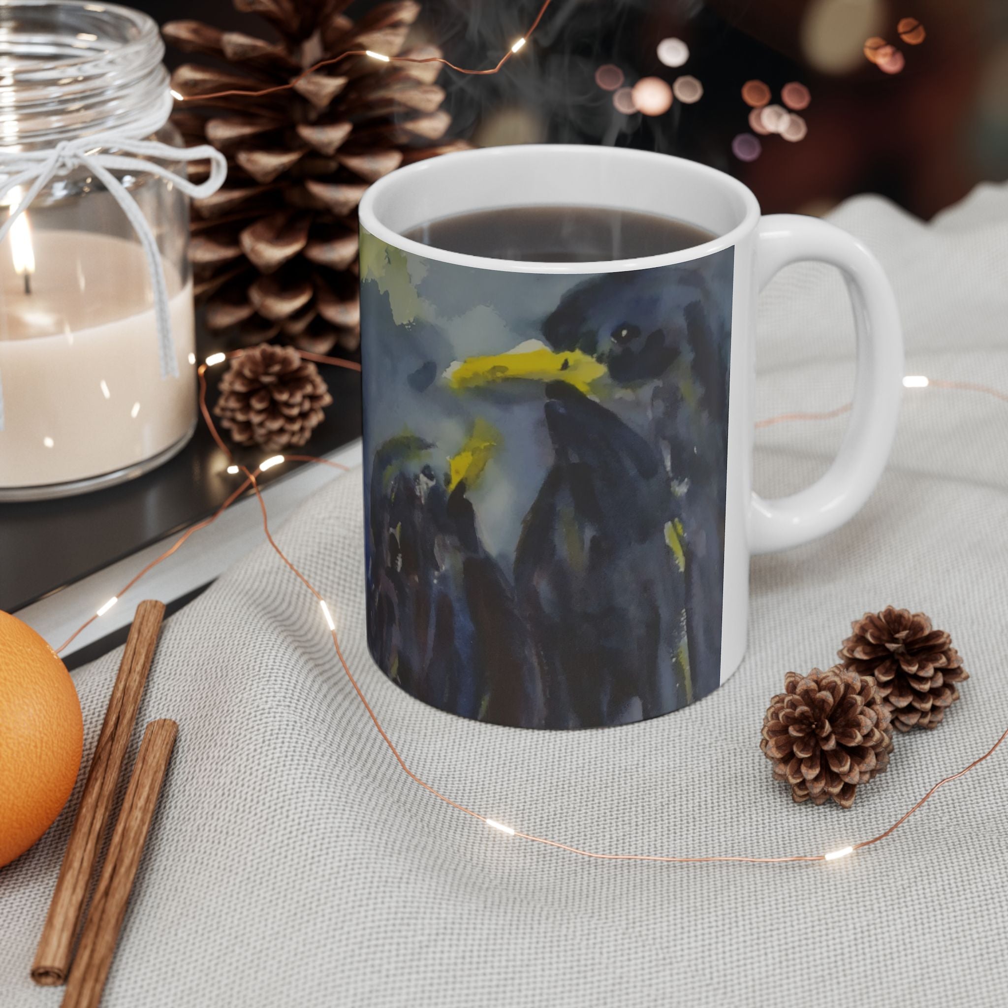 Artistic Raven Ceramic Mug – Dark Blue Watercolor Crow Coffee Cup (11oz & 15oz)