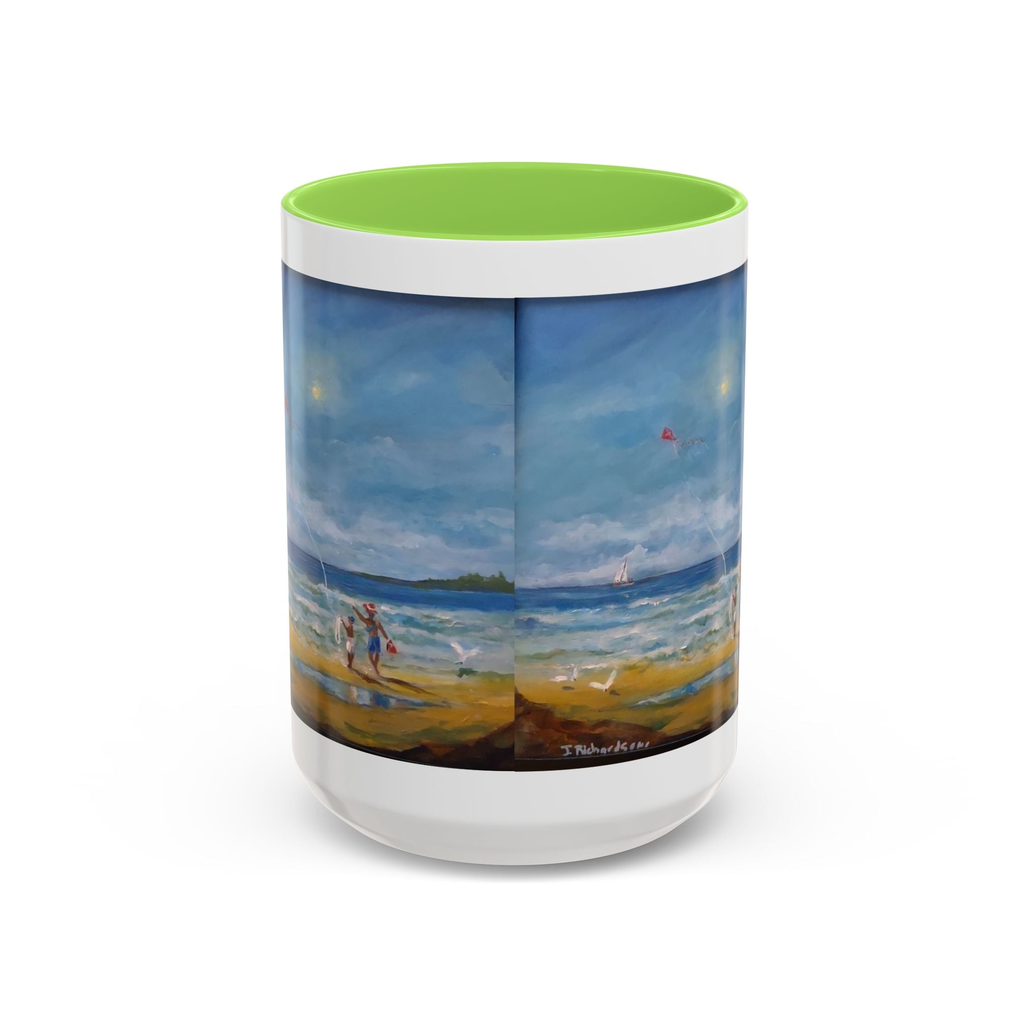 Beach & kite scene, Coffee Accent Mug - Personalize it! Colorful Ceramic Mug (11oz, 15oz)