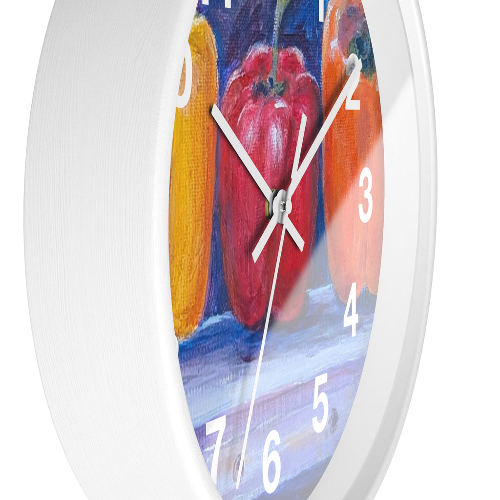 Three Peppers Still Life Wall Clock — Colorful Kitchen Art Clock