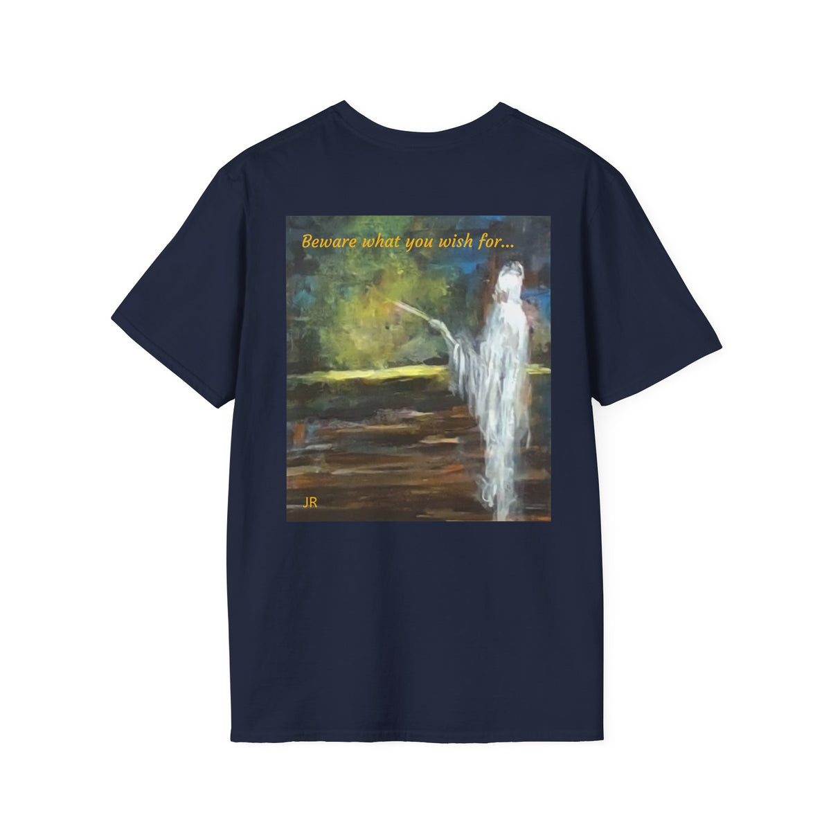 Ghostly Figure Makes Wishes Back Print T-Shirt | Minimal Script Logo