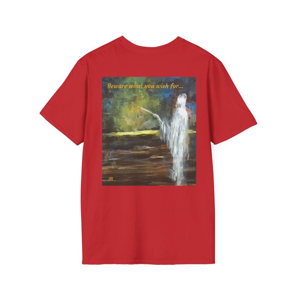 Ghostly Figure Makes Wishes Back Print T-Shirt | Minimal Script Logo