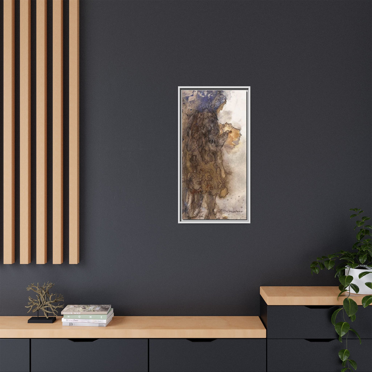 Framed Matte Canvas — "Left Behind Homeless Woman" Watercolor Abstract (Earth Tones)