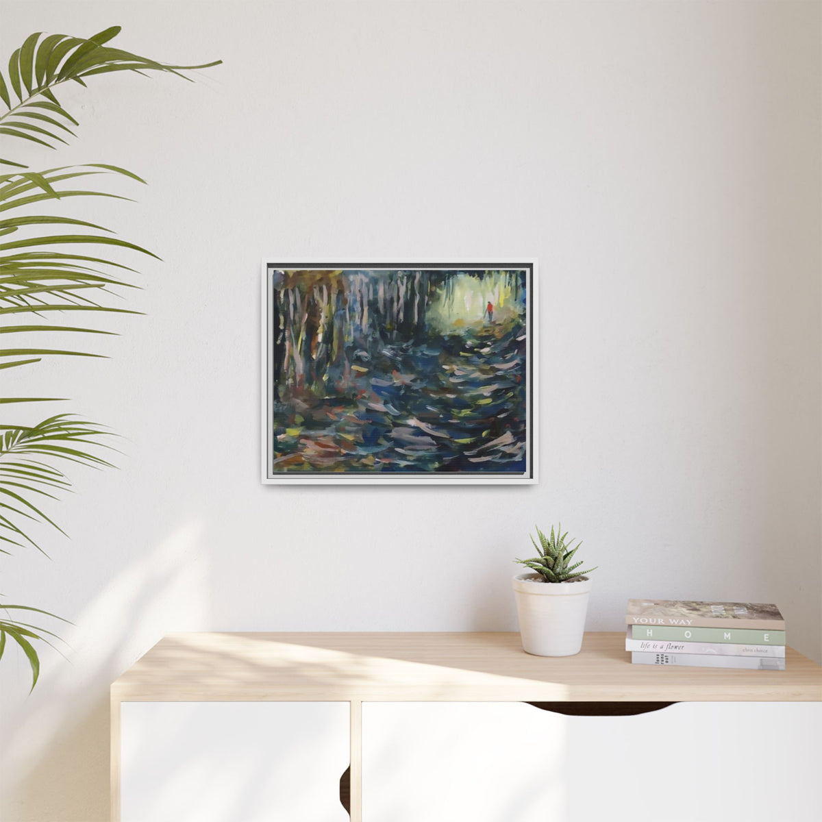 Forest Path Abstract Matte Canvas Framed | Red-Coated Figure, Blue-Green Impressionist Wall Art