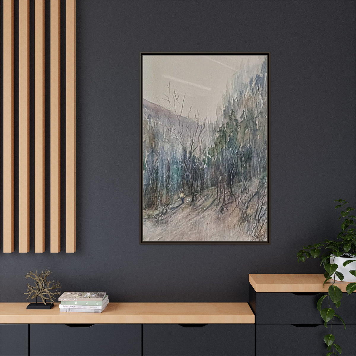 Misty Forest Landscape Matte Canvas Framed | Watercolor Mountain Scene
