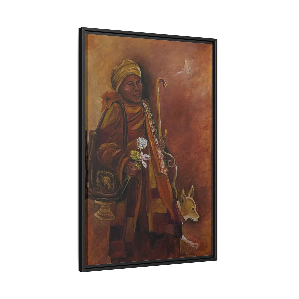Monk & Dog & Dove Matte Canvas Framed | Earth Tone Wall Art