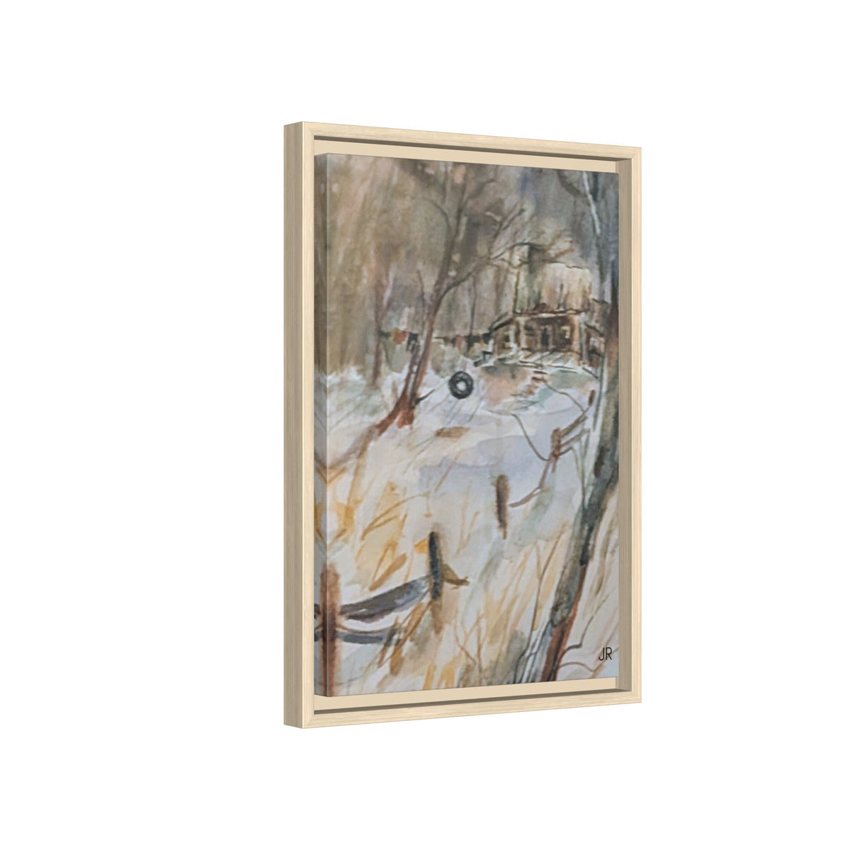 Winter Cabin Landscape Framed Canvas Print