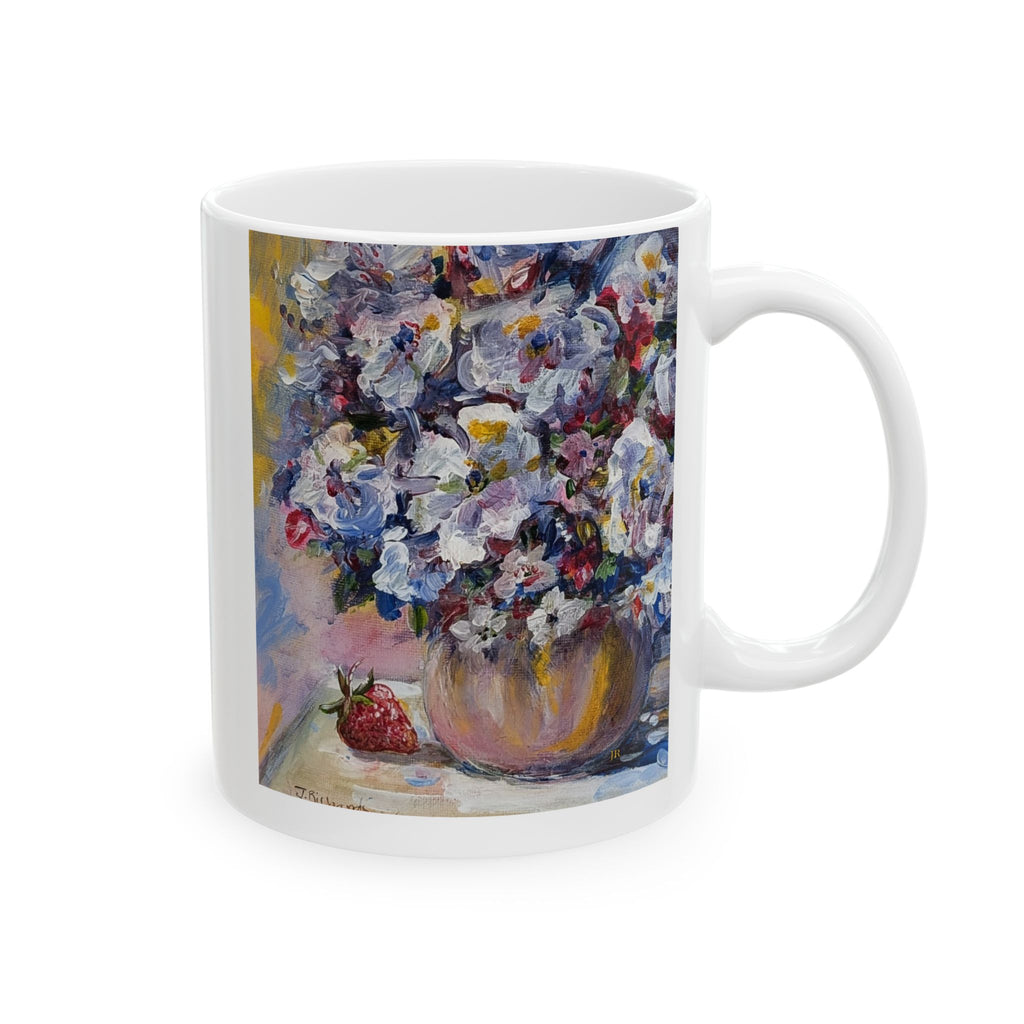 Floral + Strawberry Still Life Ceramic Mug – Impressionist Bouquet Coffee Cup (11oz & 15oz)