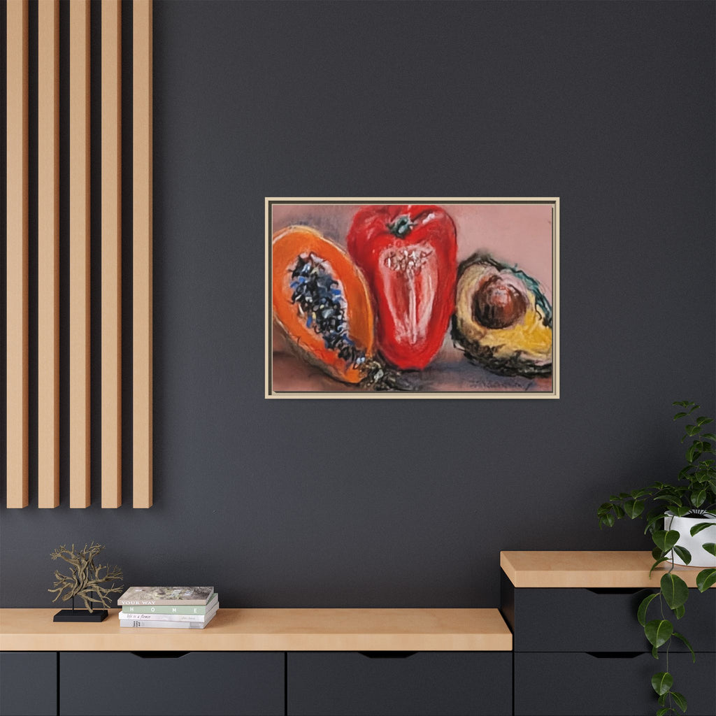 Framed Matte Canvas Art — Vibrant Still Life: Papaya, Red Pepper & Avocado