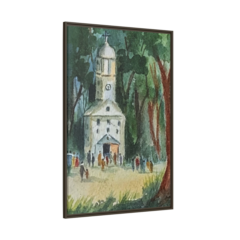 Framed Matte Canvas Print — Watercolor Church in Woodland Scene