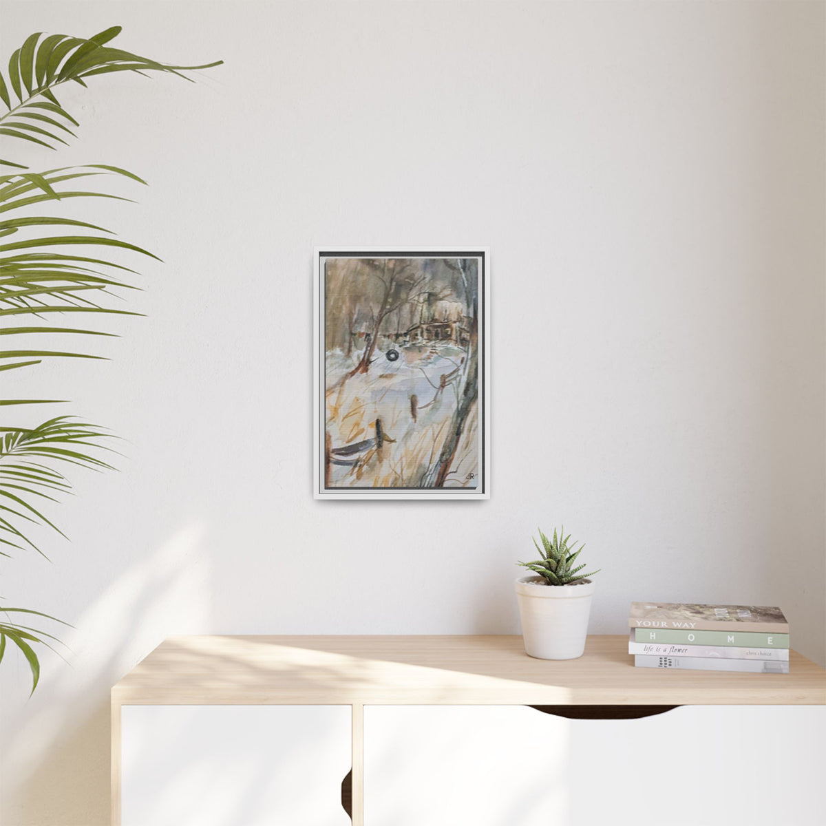 Winter Cabin Landscape Framed Canvas Print