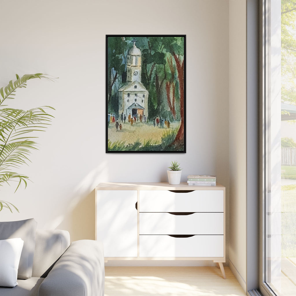 Framed Matte Canvas Print — Watercolor Church in Woodland Scene