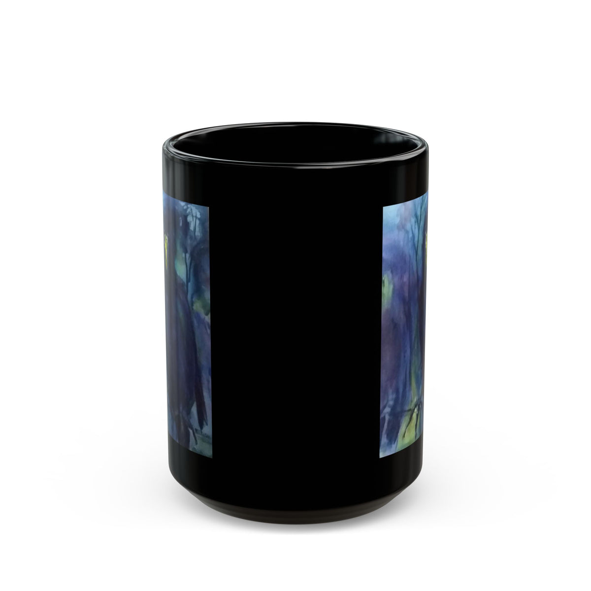 Dark Raven Watercolor Black Mug | Personalizable Gothic Bird Art, Night Forest