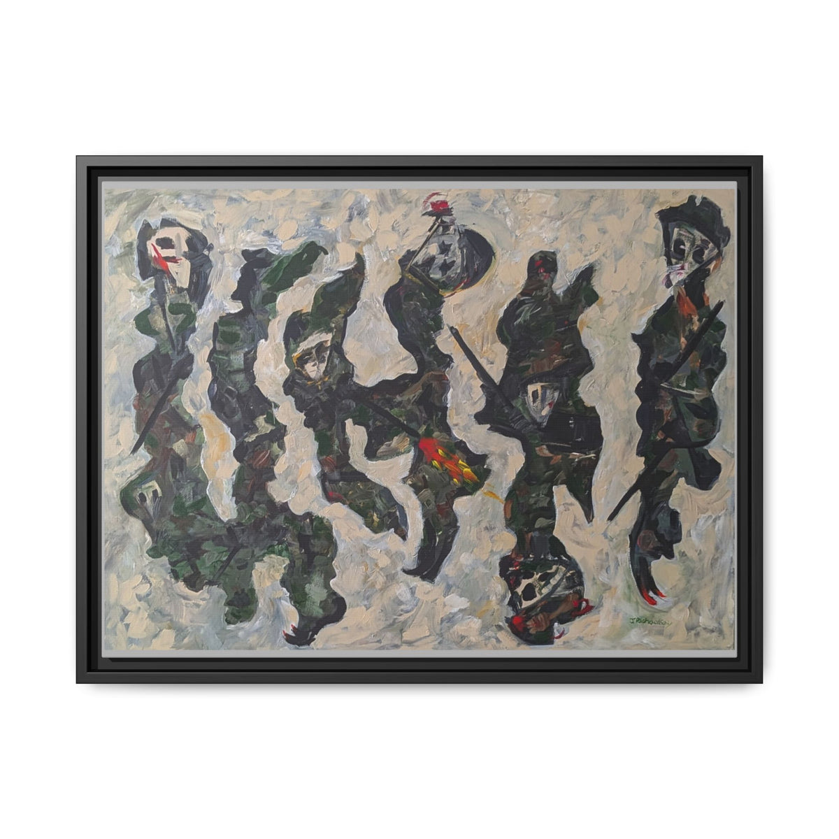 Abstract Military Figurative Matte Canvas Framed Wall Art — Multi‑Color