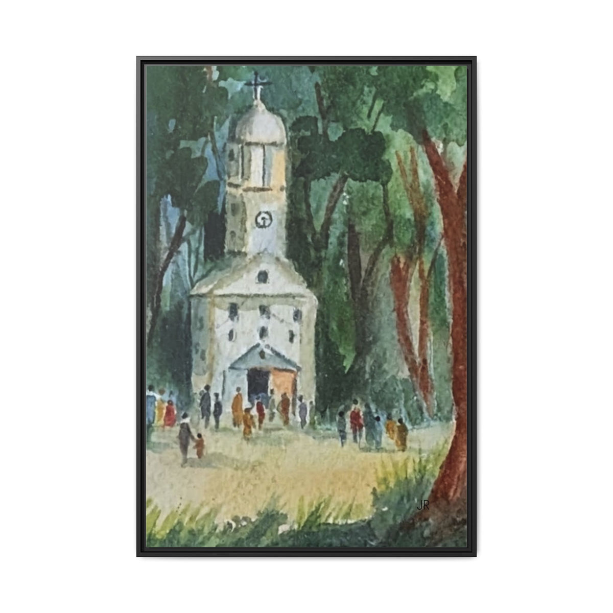 Framed Matte Canvas Print — Watercolor Church in Woodland Scene