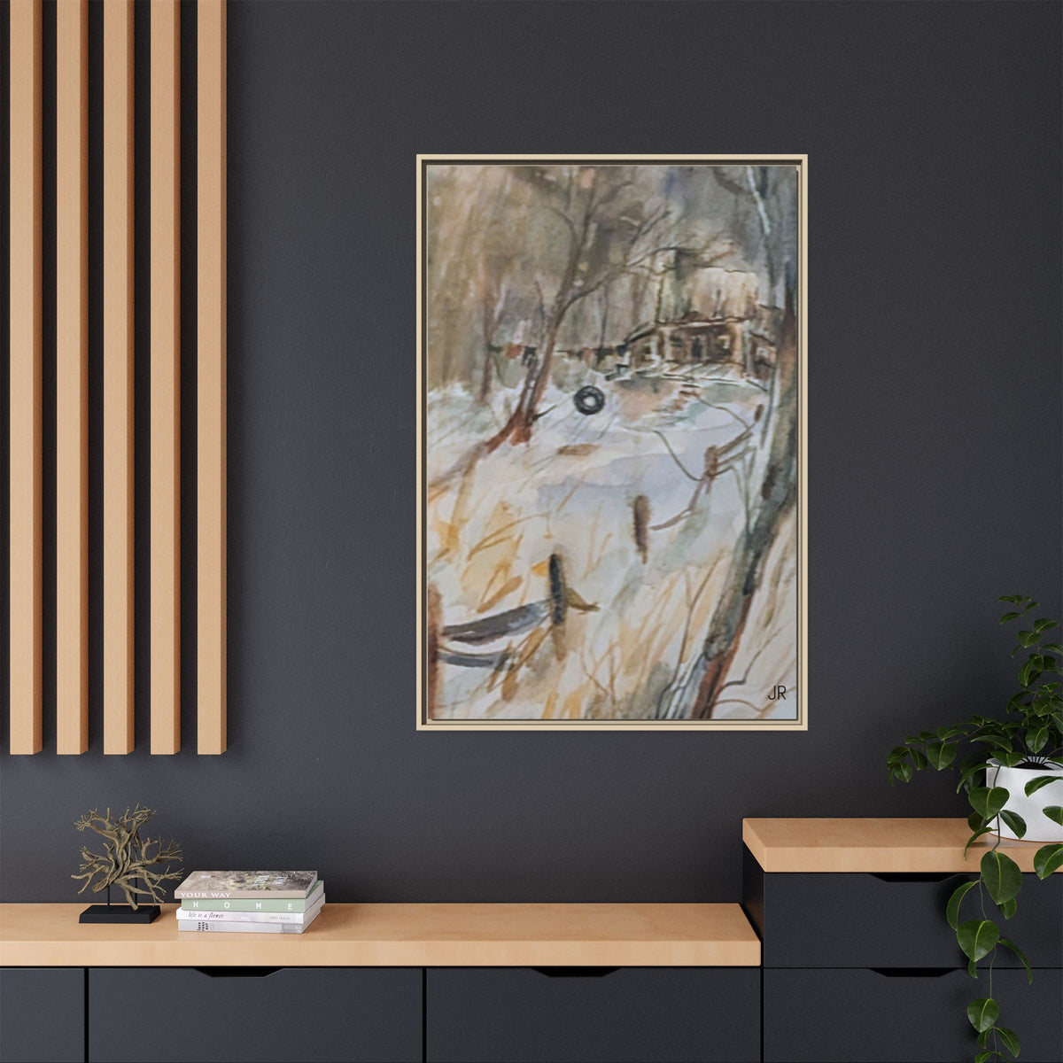 Winter Cabin Landscape Framed Canvas Print
