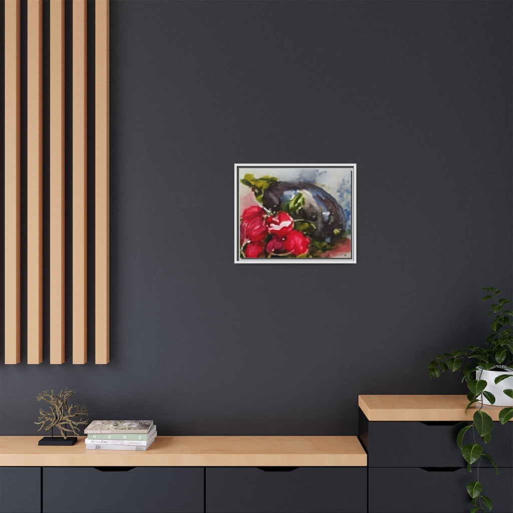 Ripe Eggplant and Red Radishes Canvas Framed Matte Canvas | Still Life Kitchen Wall Art
