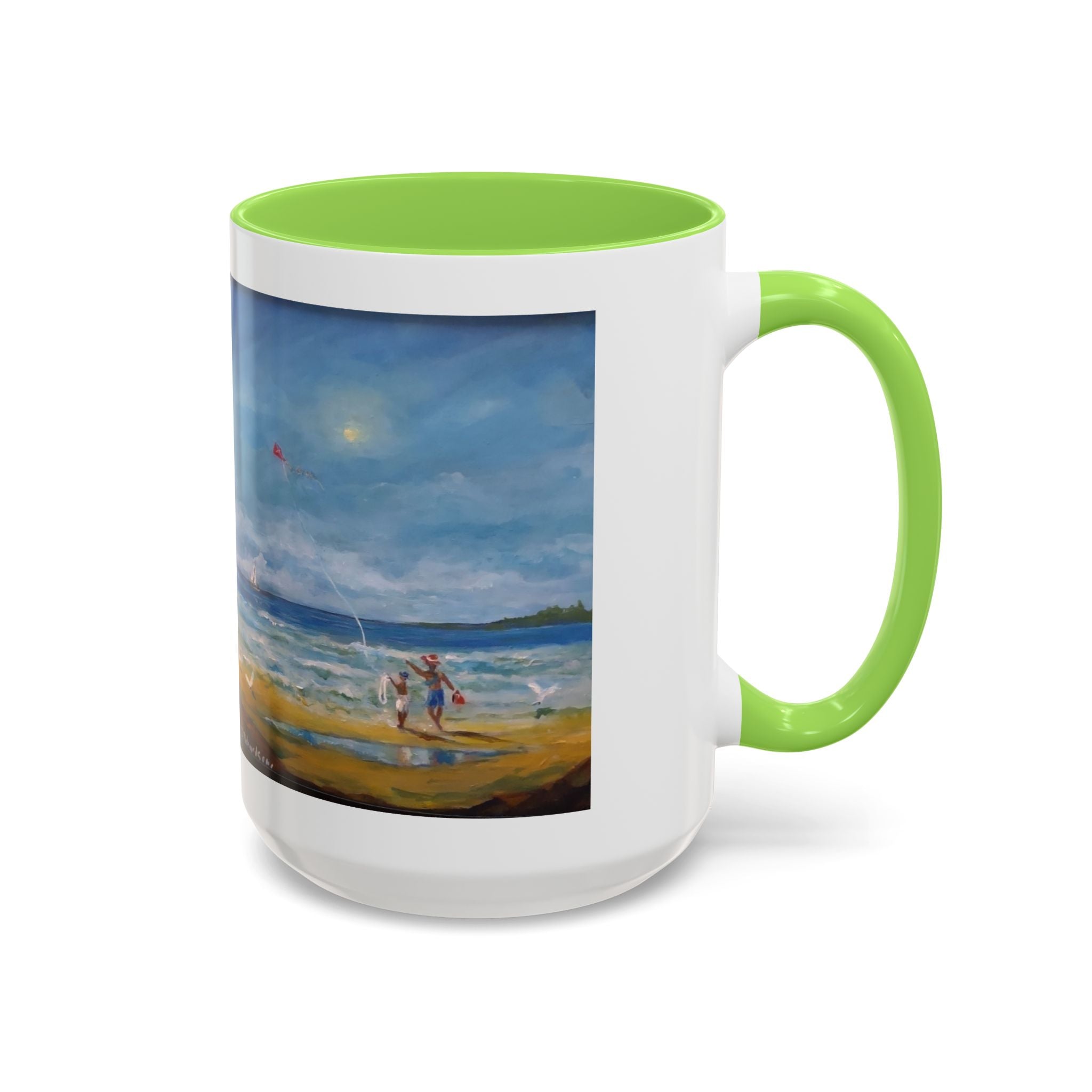 Beach & kite scene, Coffee Accent Mug - Personalize it! Colorful Ceramic Mug (11oz, 15oz)