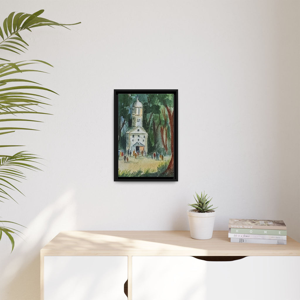 Framed Matte Canvas Print — Watercolor Church in Woodland Scene