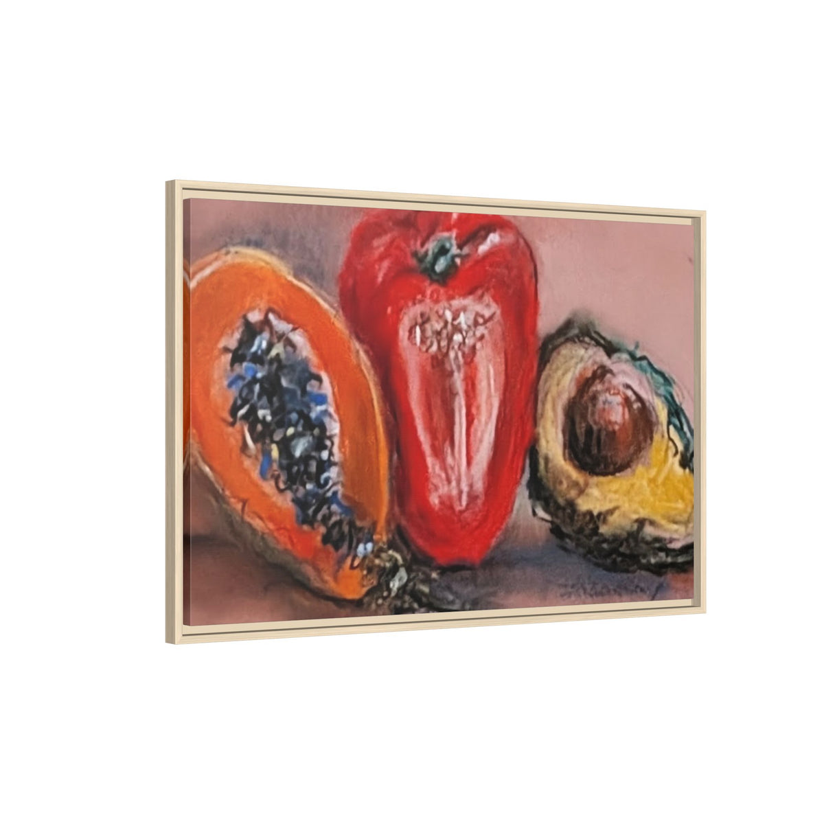 Framed Matte Canvas Art — Vibrant Still Life: Papaya, Red Pepper & Avocado