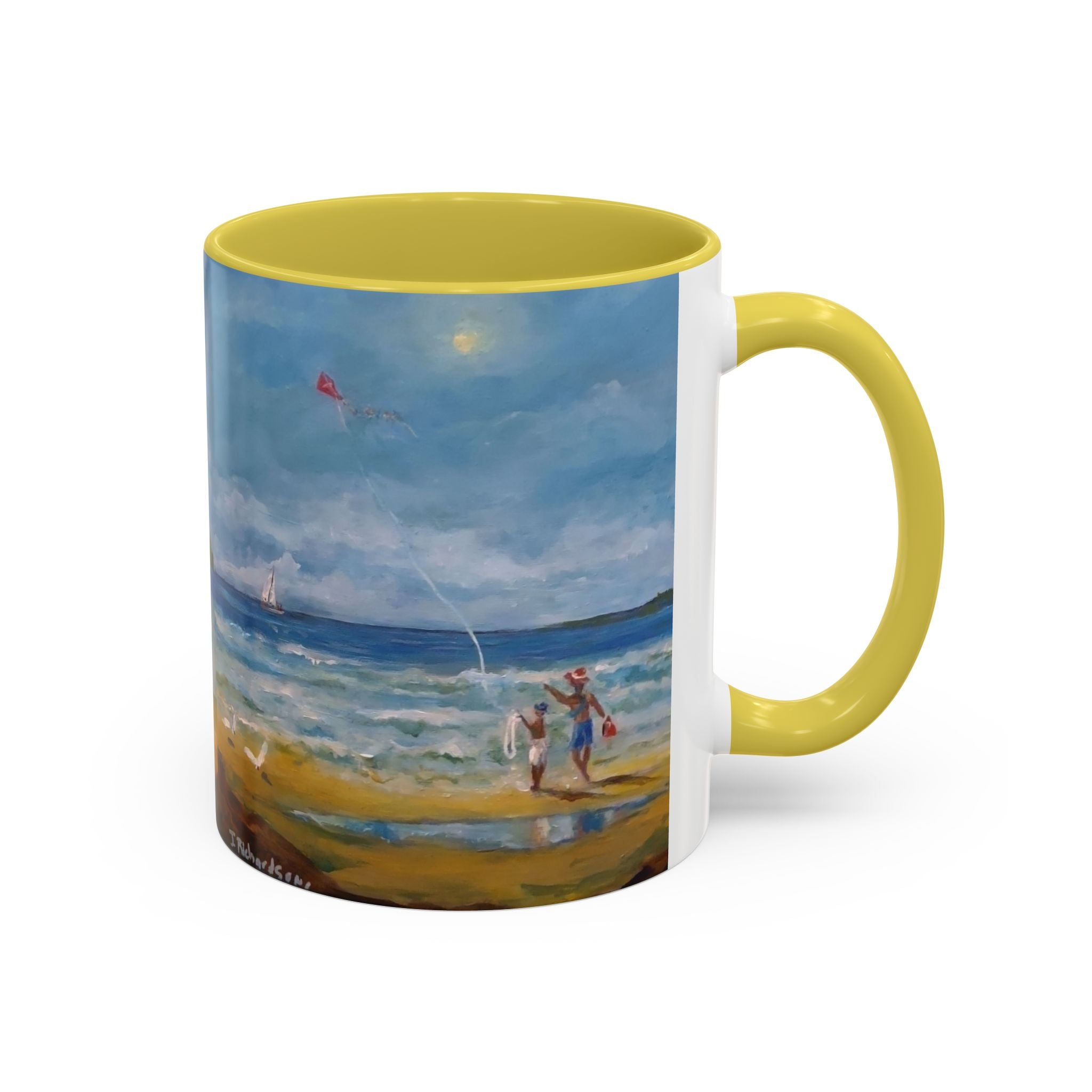 Beach & kite scene, Coffee Accent Mug - Personalize it! Colorful Ceramic Mug (11oz, 15oz)