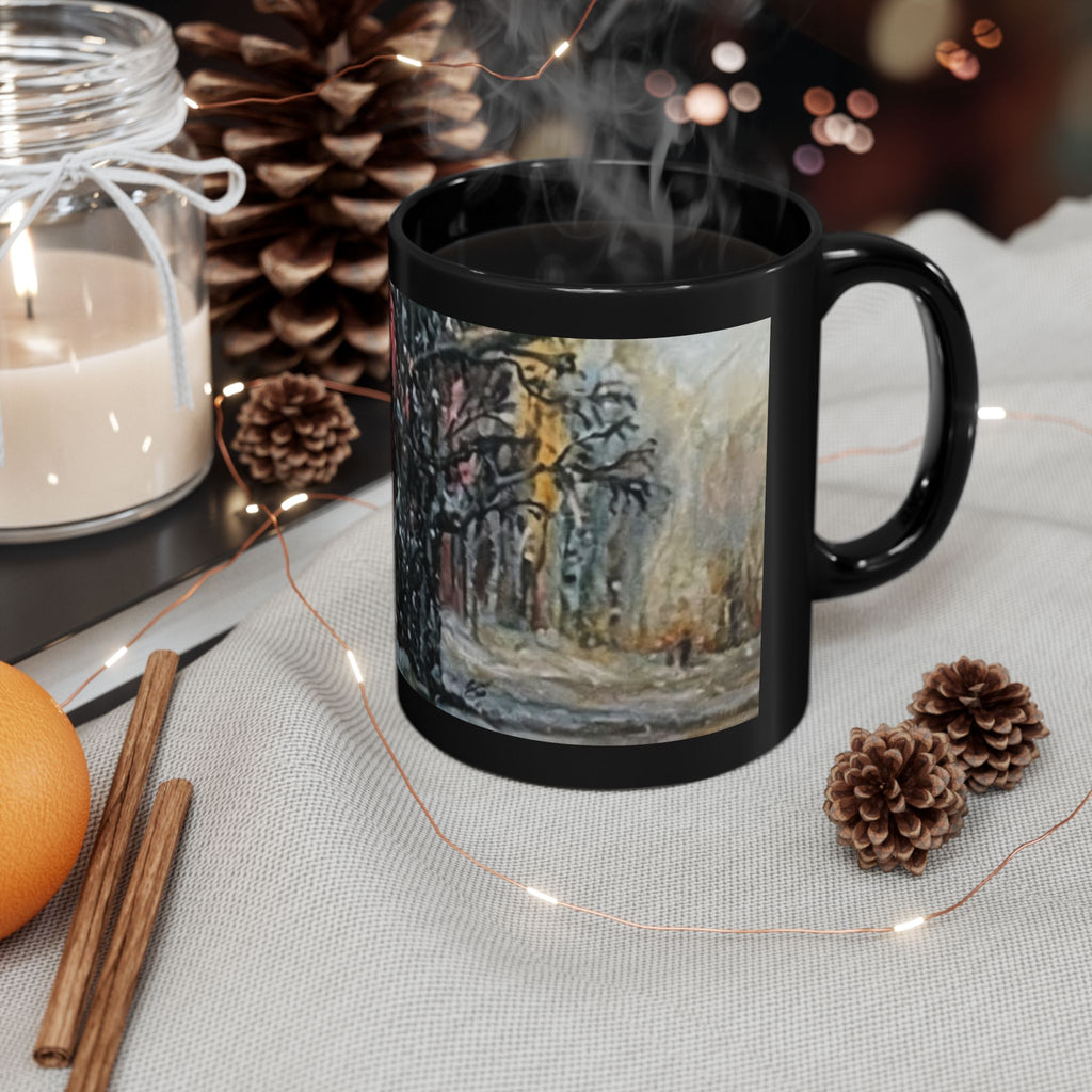 Winter Forest Painting Mug | Snowy Tree Landscape on Black Ceramic